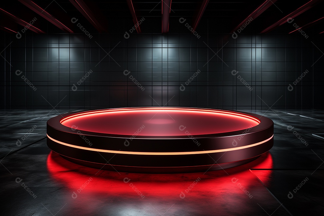Pódio redondo com luz vermelha e fundo preto para simulação de imagem realista