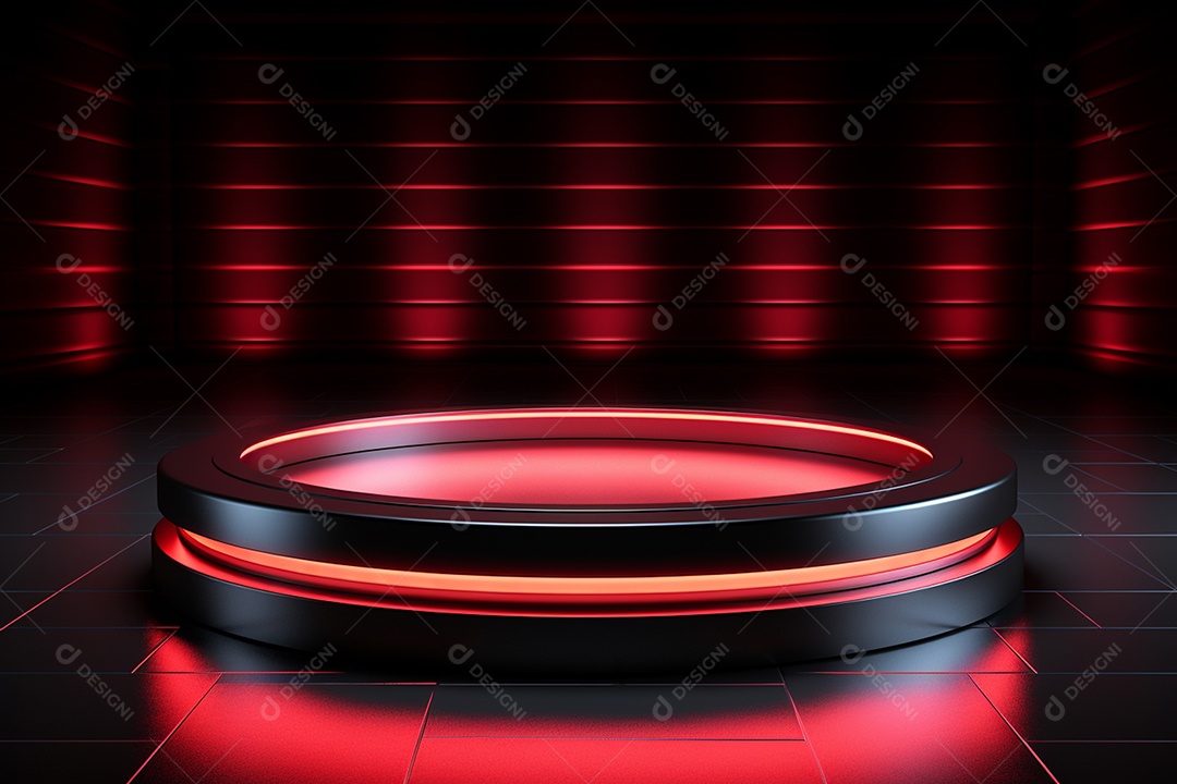 Pódio redondo com luz vermelha e fundo preto para simulação de imagem realista