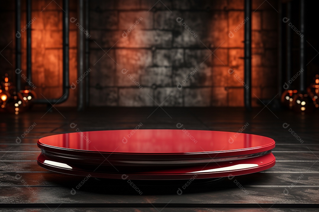 Pódio redondo com luz vermelha e fundo preto para simulação de imagem realista