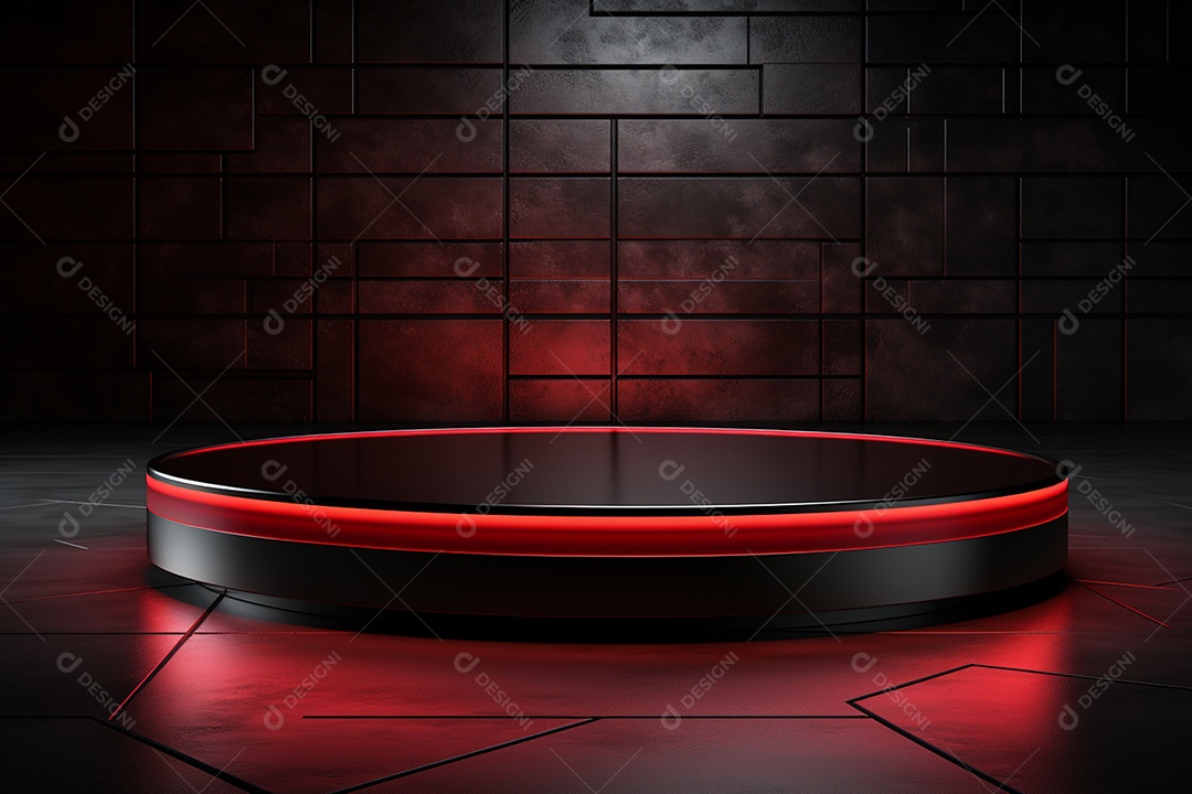 Pódio redondo com luz vermelha e fundo preto para simulação de imagem realista