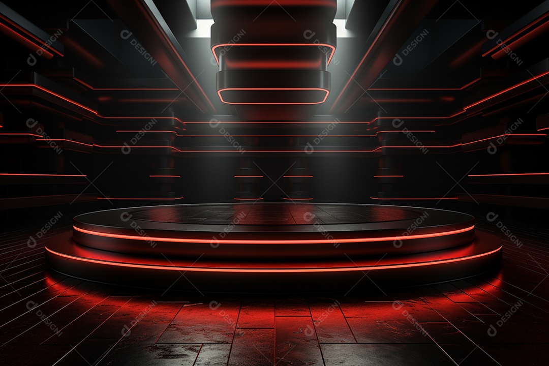 Pódio redondo com luz vermelha e fundo preto para simulação de imagem realista