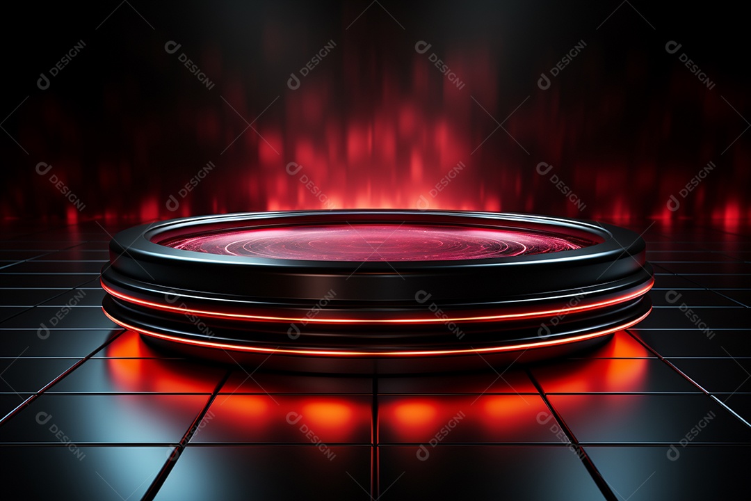 Pódio redondo com luz vermelha e fundo preto para simulação de imagem realista