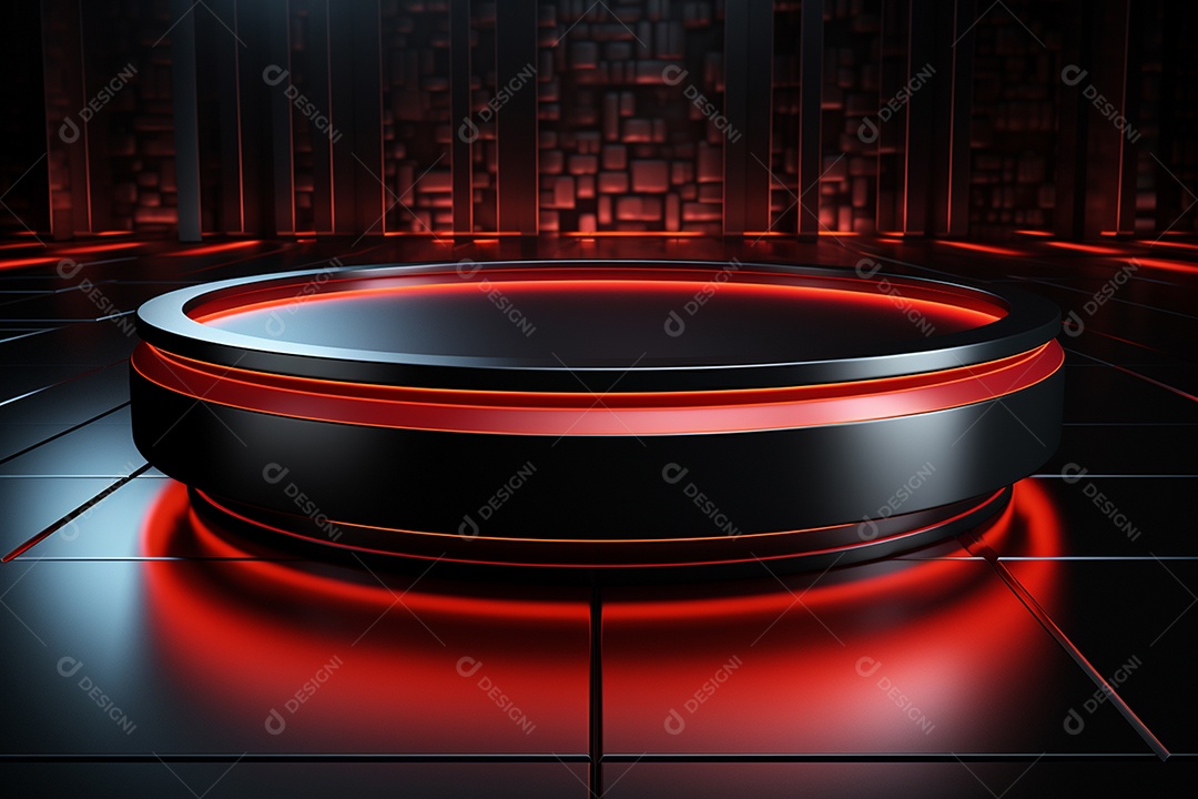 Pódio redondo com luz vermelha e fundo preto para simulação de imagem realista