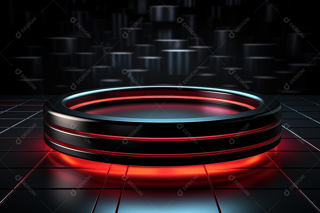 Pódio redondo com luz vermelha e fundo preto para simulação de imagem realista