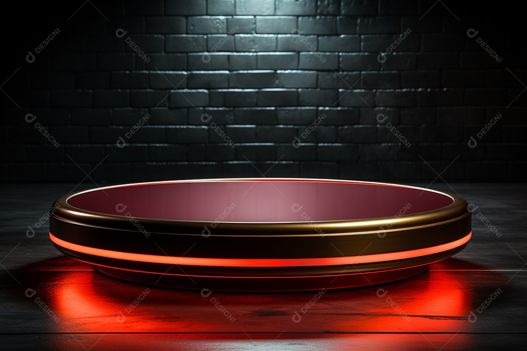 Pódio redondo com luz vermelha e fundo preto para simulação de imagem realista