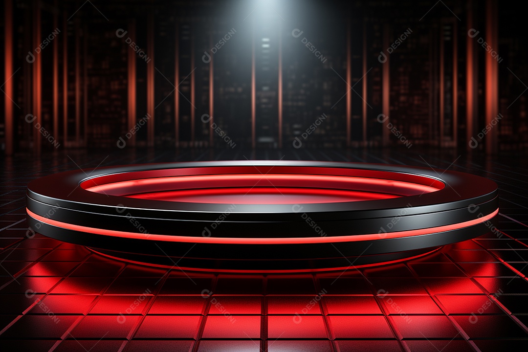 Pódio redondo com luz vermelha e fundo preto para simulação de imagem realista