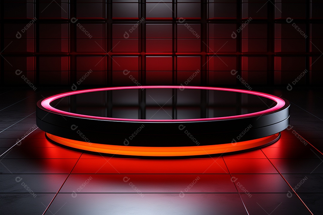 Pódio redondo com luz vermelha e fundo preto para simulação de imagem realista