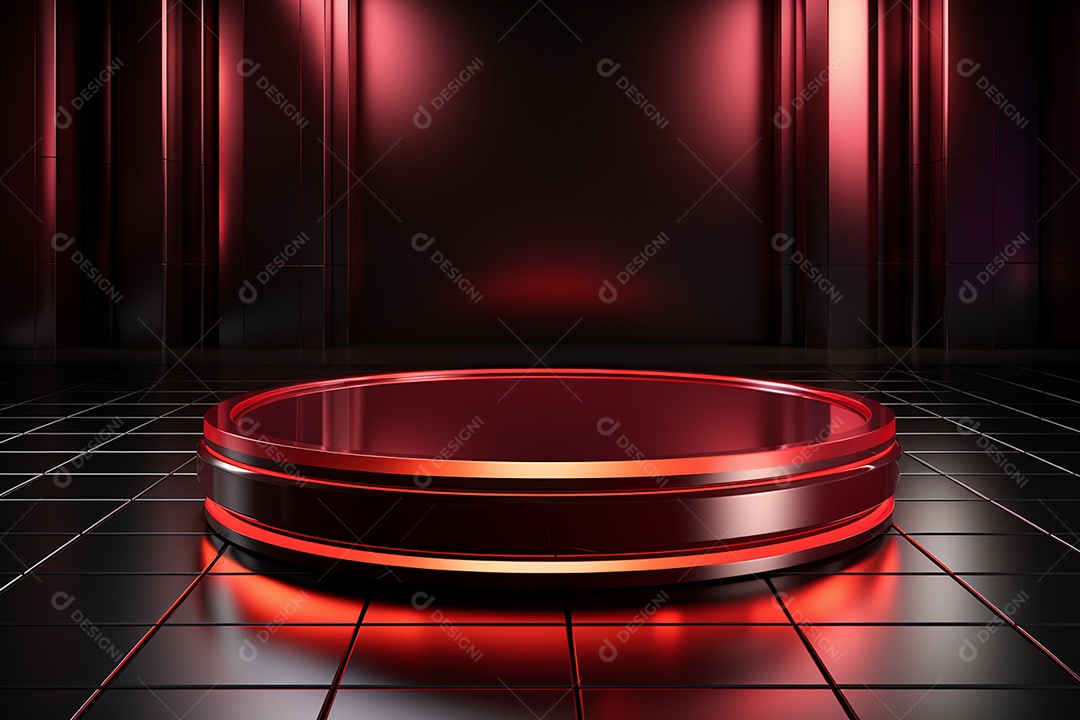 Pódio redondo com luz vermelha e fundo preto para simulação de imagem realista