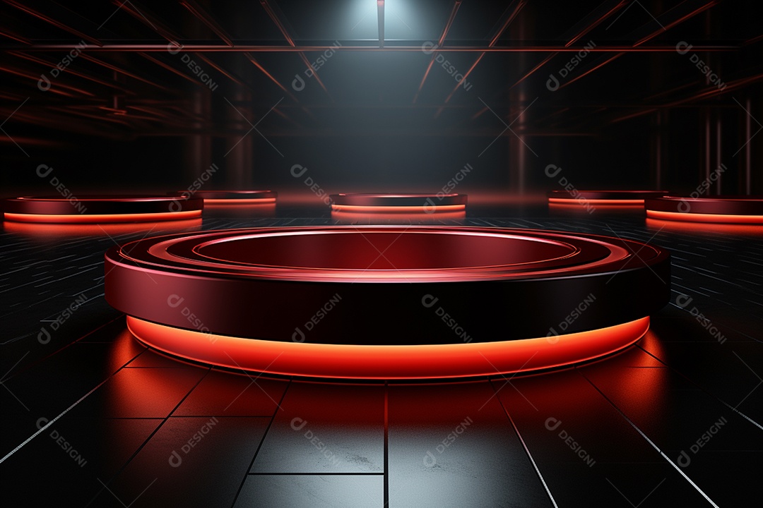 Pódio redondo com luz vermelha e fundo preto para simulação de imagem realista