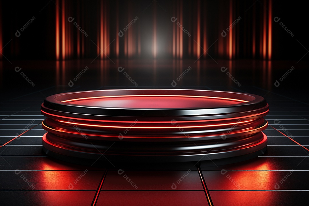 Pódio redondo com luz vermelha e fundo preto para simulação de imagem realista