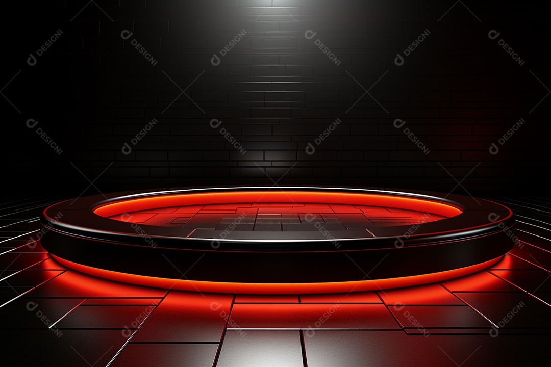 Pódio redondo com luz vermelha e fundo preto para simulação de imagem realista