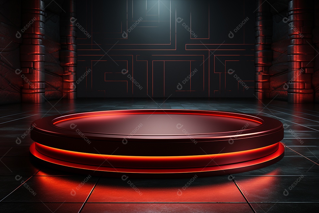 Pódio redondo com luz vermelha e fundo preto para simulação de imagem realista