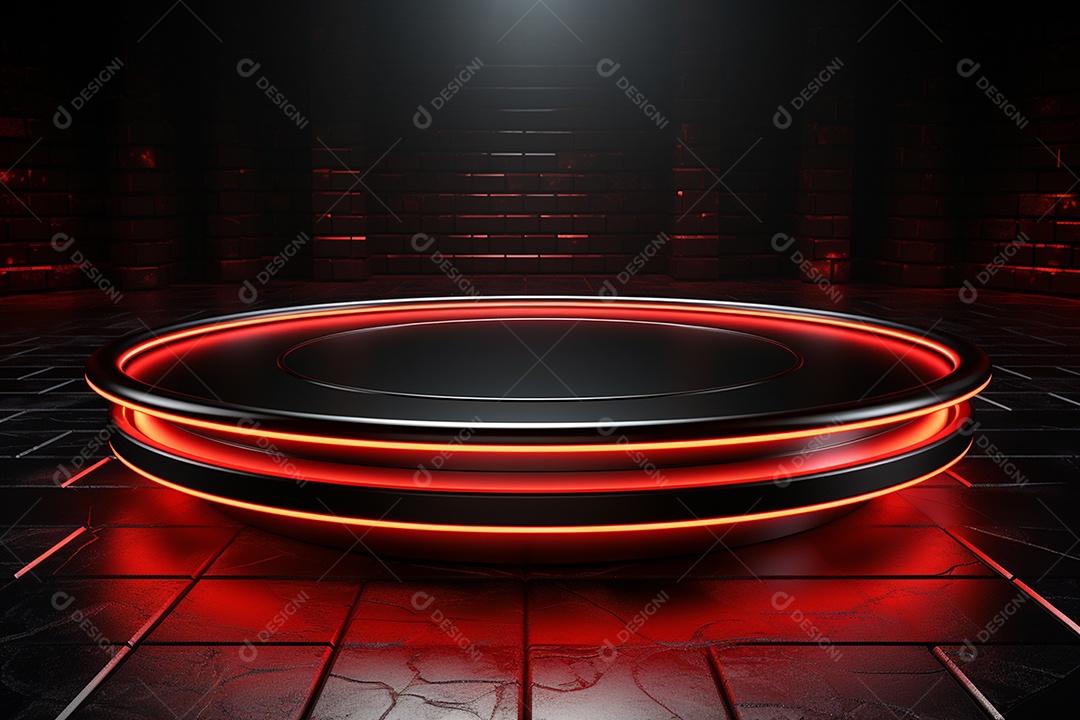 Pódio redondo com luz vermelha e fundo preto para simulação de imagem realista
