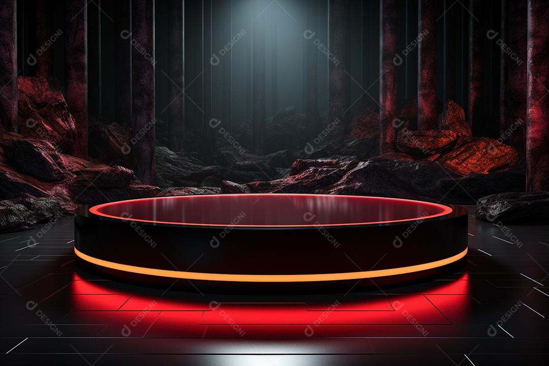 Pódio redondo com luz vermelha e fundo preto para simulação de imagem realista