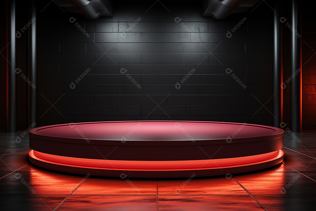 Pódio redondo com luz vermelha e fundo preto para simulação de imagem realista