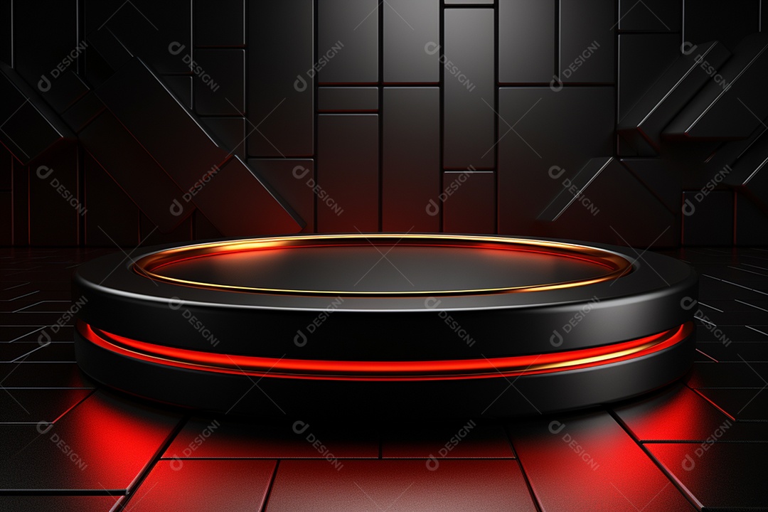 Pódio redondo com luz vermelha e fundo preto para simulação de imagem realista