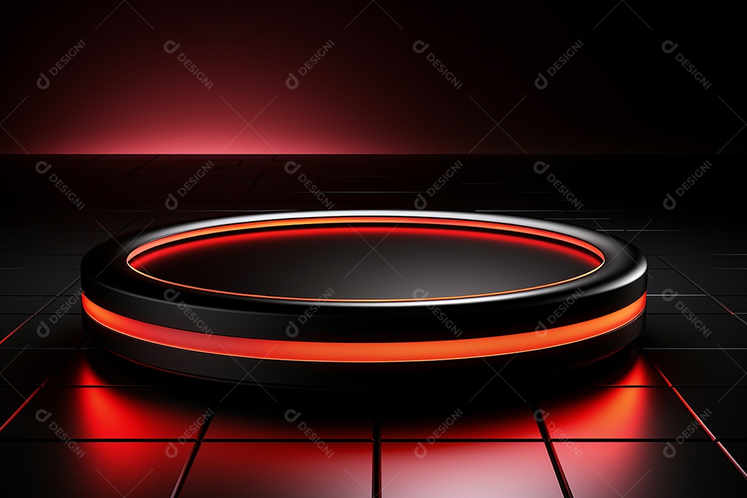 Pódio redondo com luz vermelha e fundo preto para simulação de imagem realista
