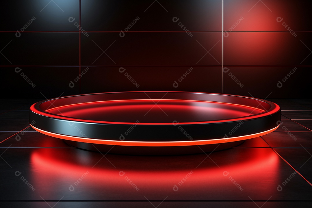 Pódio redondo com luz vermelha e fundo preto para simulação de imagem realista