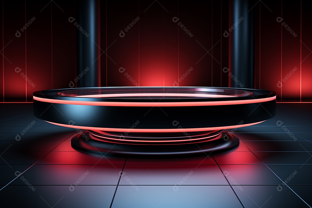 Pódio redondo com luz vermelha e fundo preto para simulação de imagem realista