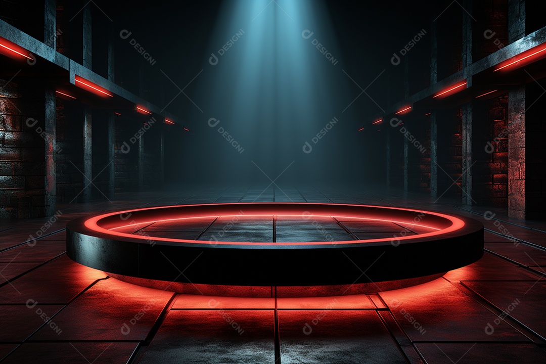 Pódio redondo com luz vermelha e fundo preto para simulação de imagem realista