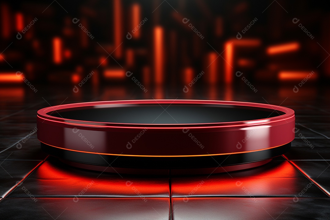 Pódio redondo com luz vermelha e fundo preto para simulação de imagem realista