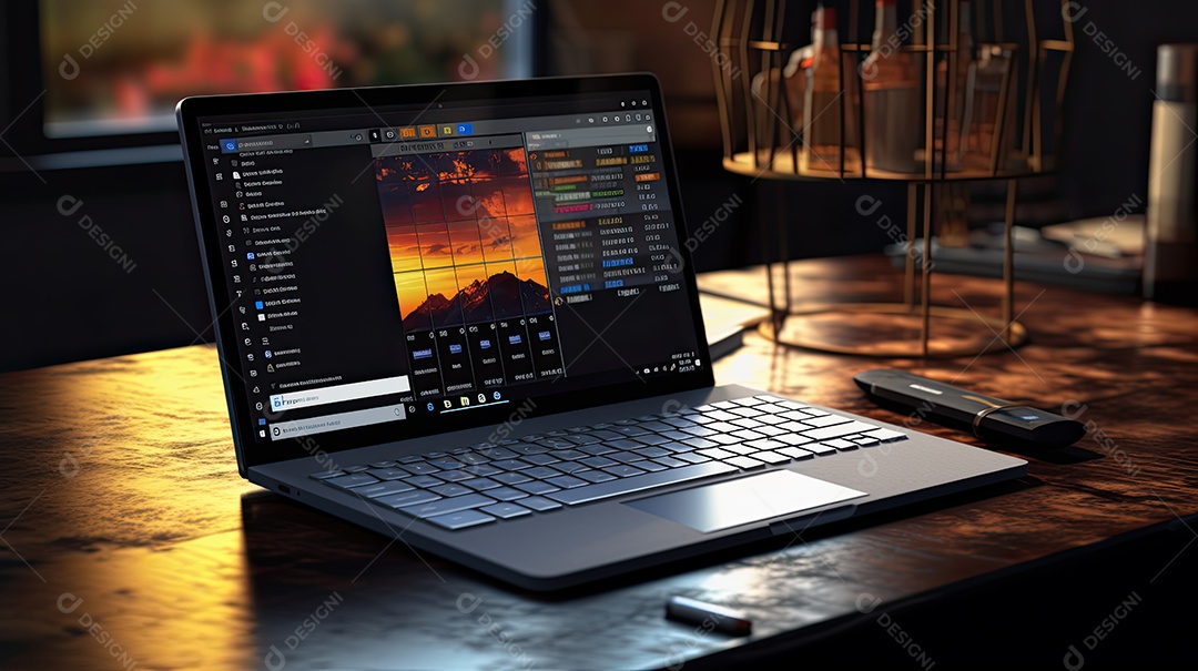 um laptop na mesa dentro de um escritório