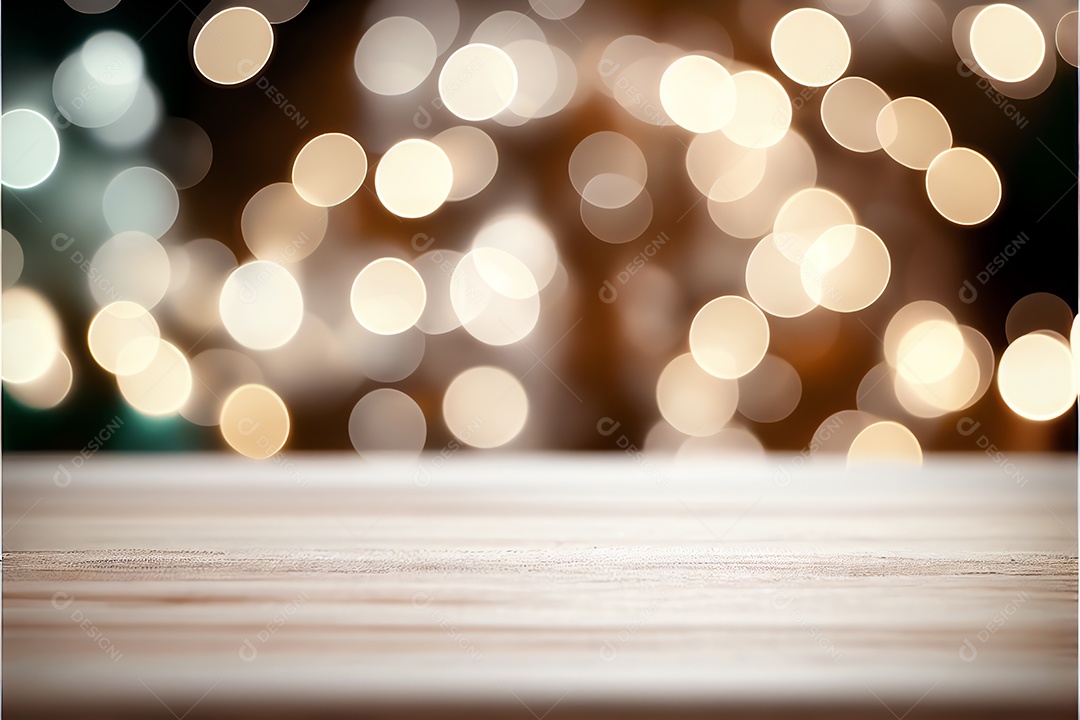 Mesa de madeira vazia abstrata com espaço de cópia sobre fundo claro desfocado bokeh de natal, exibição para montagem de produto