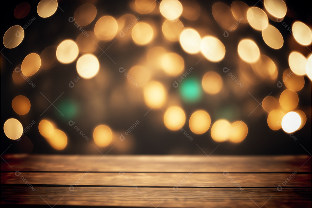 Mesa de madeira vazia abstrata com espaço de cópia sobre fundo claro desfocado bokeh de natal, exibição para montagem de produto