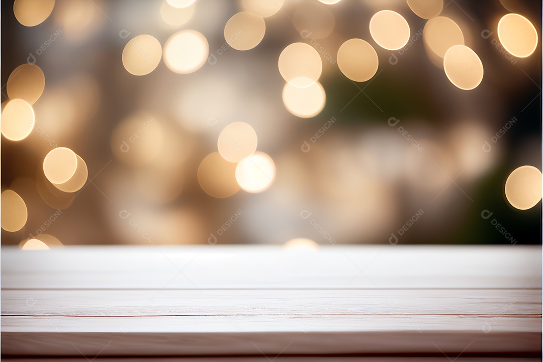 Mesa de madeira vazia abstrata com espaço de cópia sobre fundo claro desfocado bokeh de natal, exibição para montagem de produto