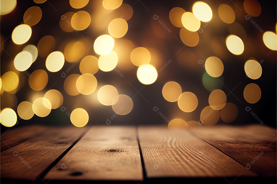 Mesa de madeira vazia abstrata com espaço de cópia sobre fundo claro desfocado bokeh de natal, exibição para montagem de produto