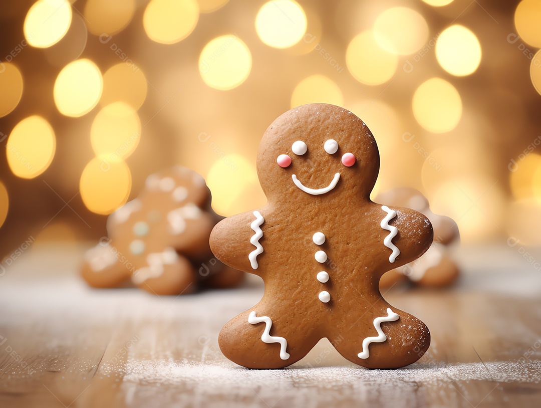 Pão de gengibre com fundo claro bokeh para celebração do feriado de Natal