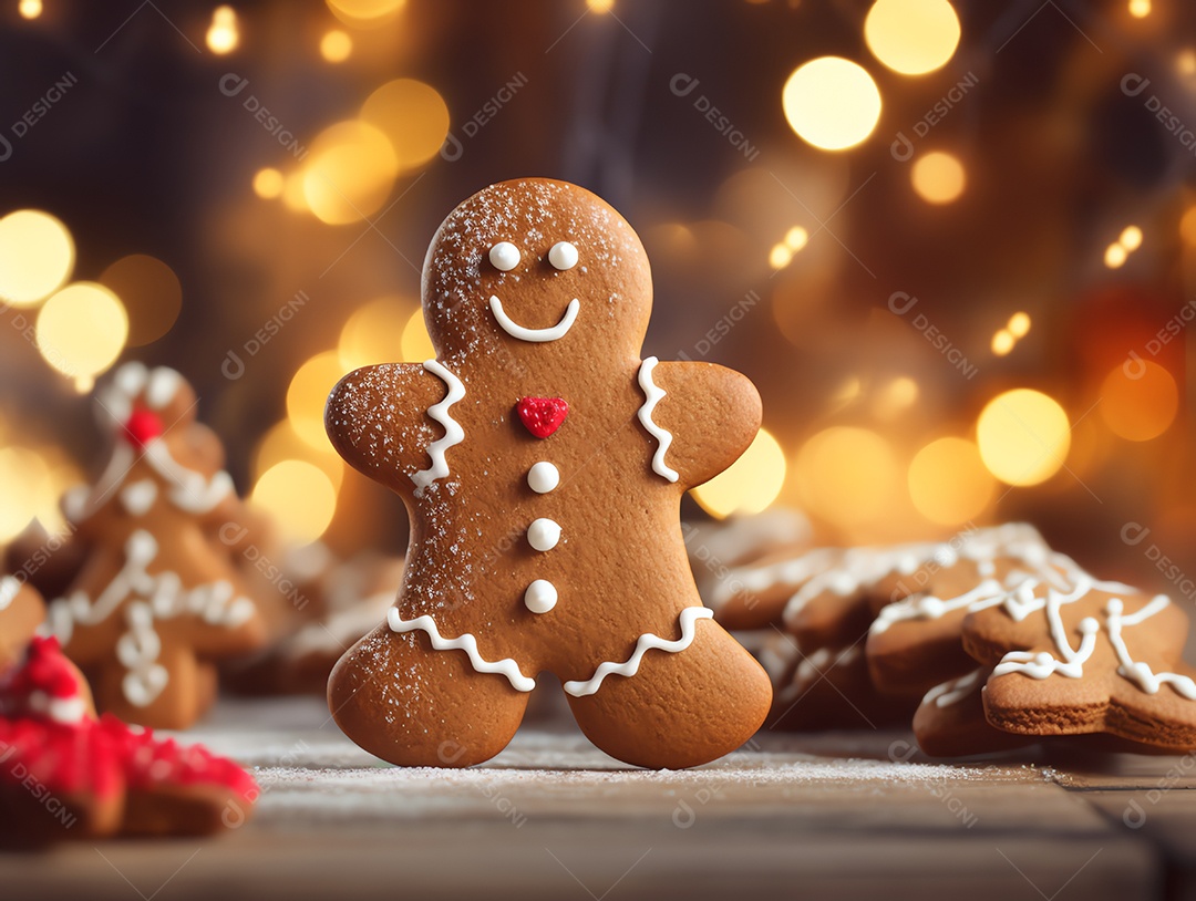 Pão de gengibre com fundo claro bokeh para celebração do feriado de Natal