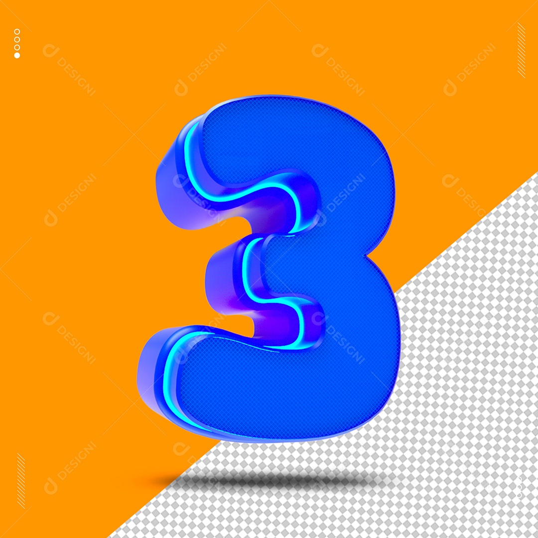 Número 3 Azul Elemento 3D para Composição PSD