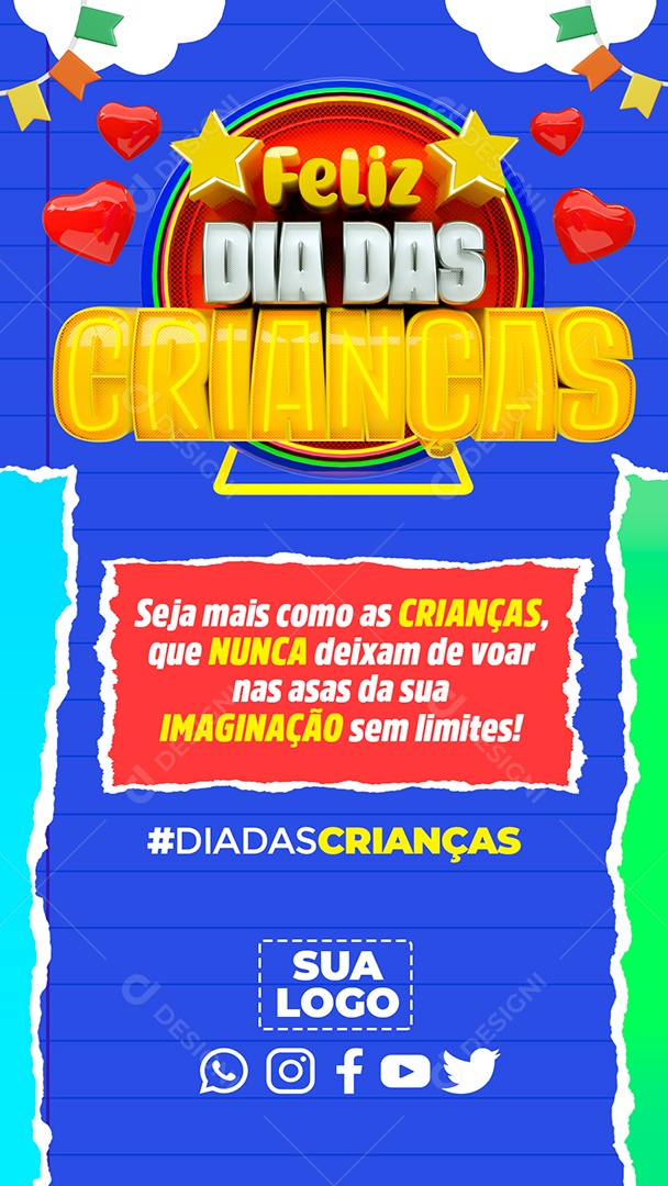Story Feliz Dia das Crianças 12 de Outubro Nunca Deixe de Vooar nas Asas da sua Imaginação Social Media PSD Editável