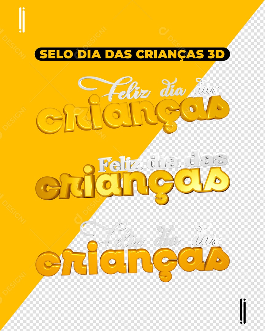 Feliz Dia das Crianças Textos 3D Branco e Amarelo para Composição PSD