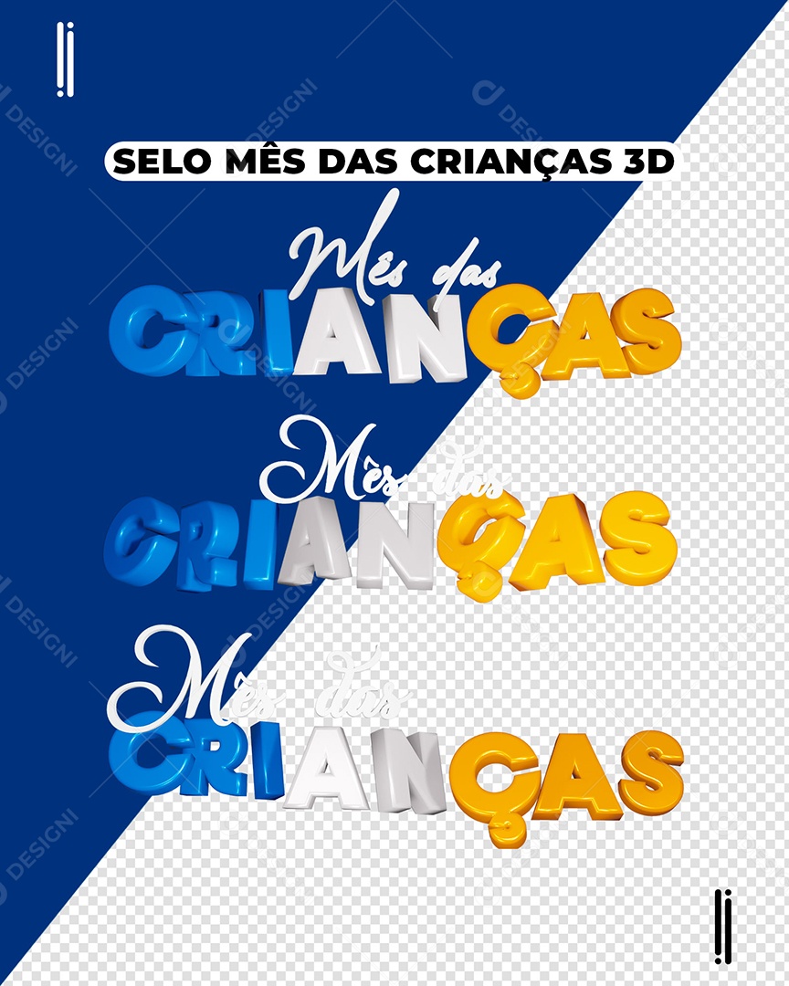 Mês das Crianças Conjunto de Textos 3D Azul Branco e Amarelo para Composição PSD