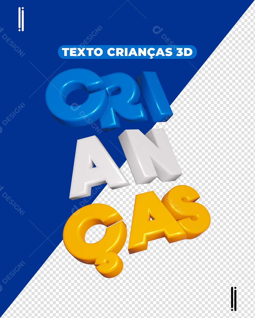 Texto 3D Crianças Azul Branco e Amarelo para Composição PSD