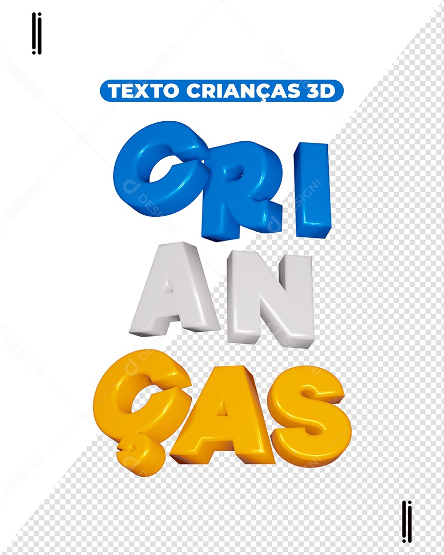 Texto 3D Crianças Azul Branco e Amarelo para Composição PSD
