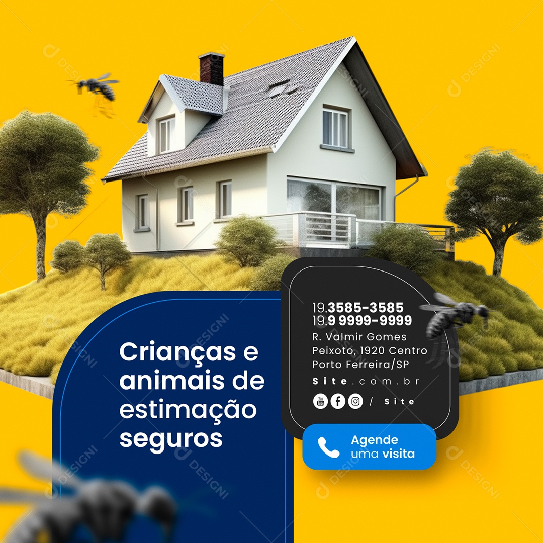 Dedetização Crianças e Animais de Estimação Seguros Agende uma Visita Social Media PSD Editável