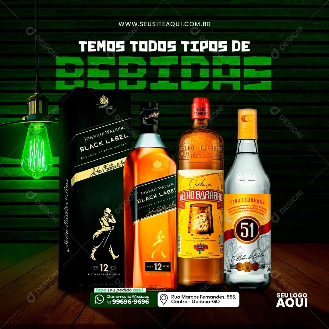 Boteco Temos Todos Tipos de Bebidas Whisky Black Label Cachaça Velho Barreiro Pirassununga 51 Social Media PSD Editável
