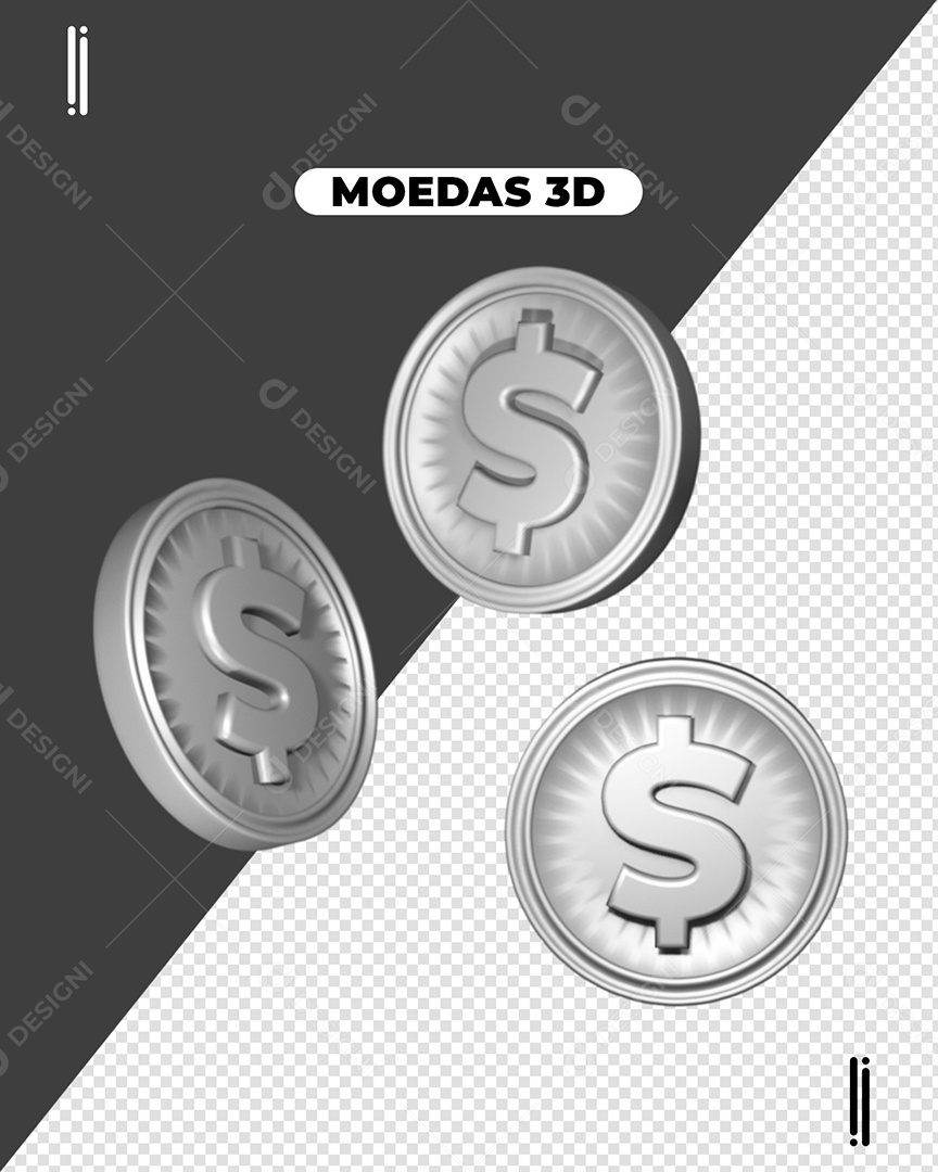 Moedas de Prata Elemento 3D para Composição PSD