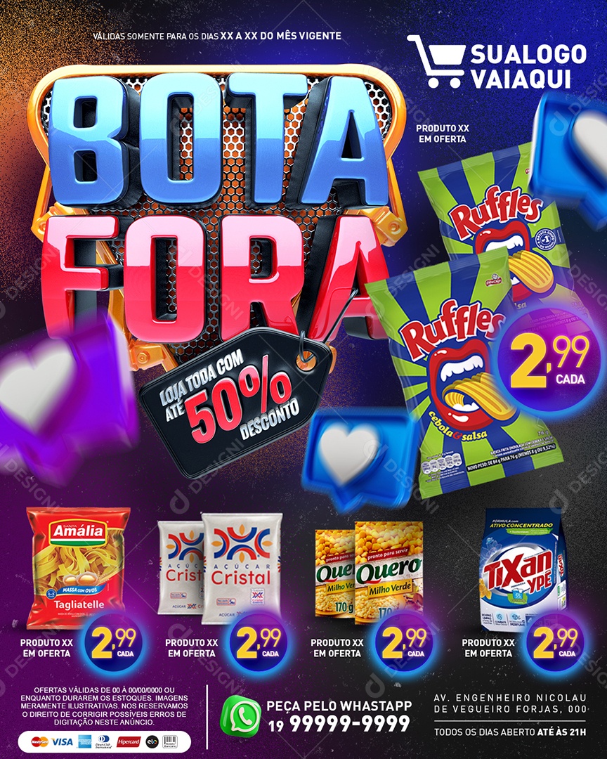 Tabloide Bota Fora Supermercado Loja Toda com Até 50% Desconto Batata Salsa Macarrão Açúcar Social Media PSD Editável