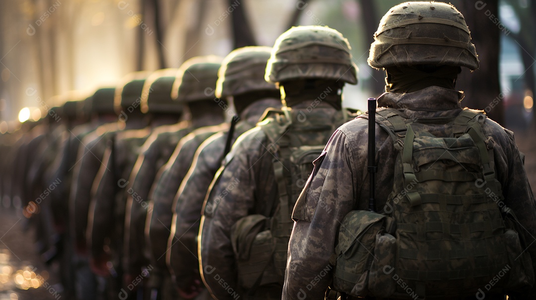 Soldados alinhados em roupas camufladas indo para a guerra