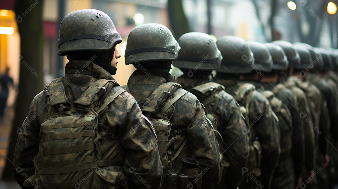 Soldados alinhados em roupas camufladas indo para a guerra