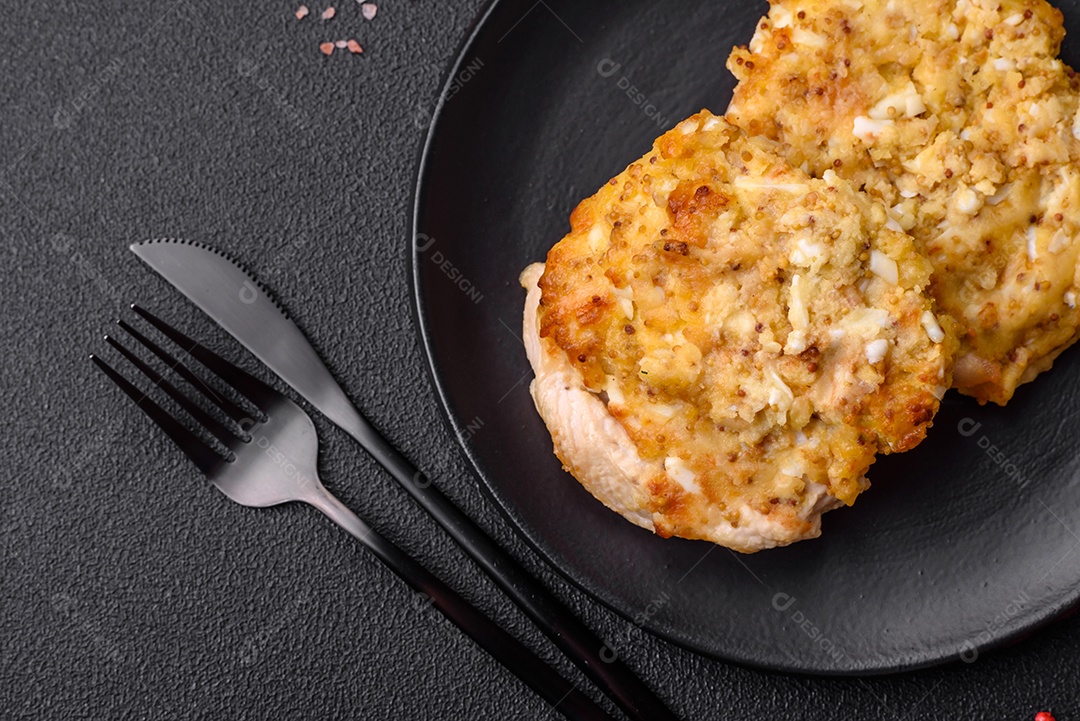 Deliciosa carne frita com mostarda Dijon com sal, especiarias e ervas sobre fundo escuro de concreto