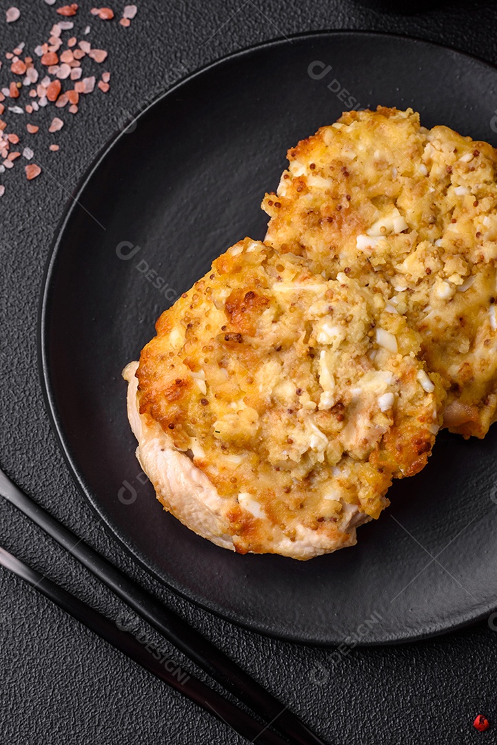 Deliciosa carne frita com mostarda Dijon com sal, especiarias e ervas sobre fundo escuro de concreto