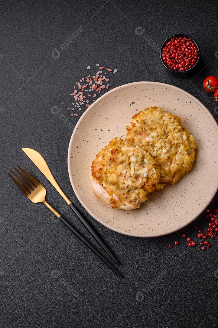 Deliciosa carne frita com mostarda Dijon com sal, especiarias e ervas sobre fundo escuro de concreto