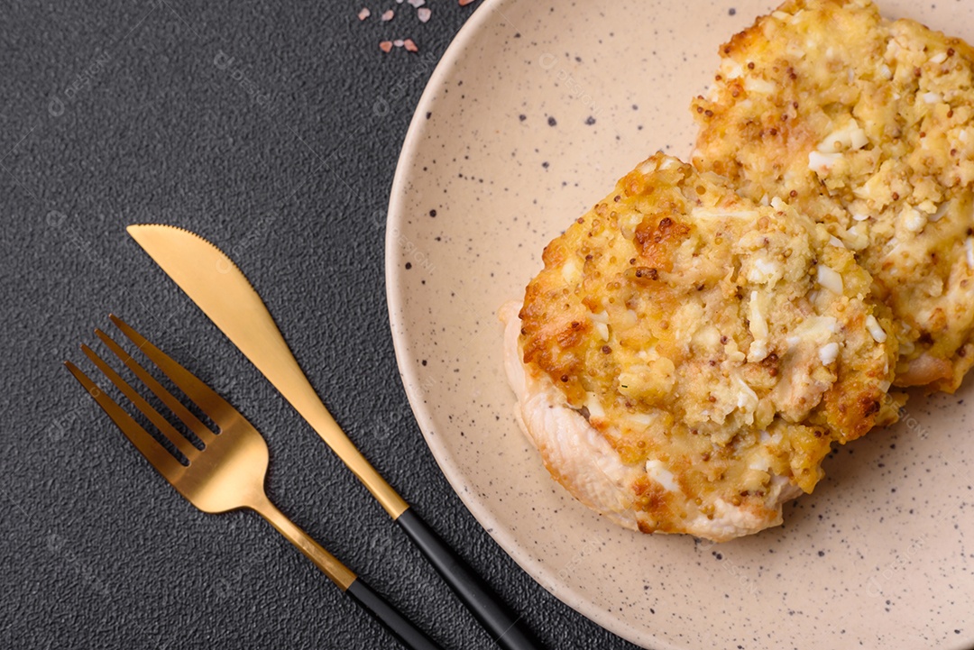 Deliciosa carne frita com mostarda Dijon com sal, especiarias e ervas sobre fundo escuro de concreto