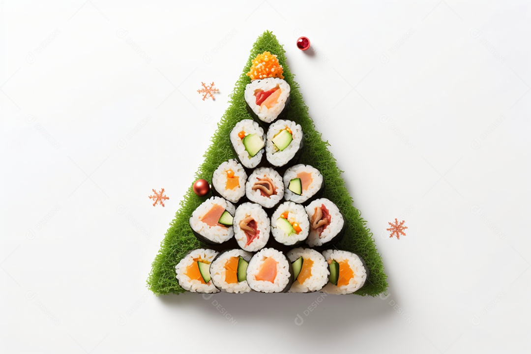 Prato de sushi sobre uma mesa de natal