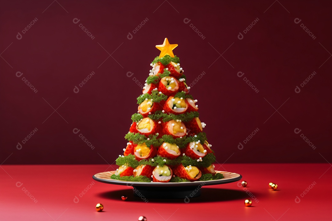 Prato de sushi sobre uma mesa de natal